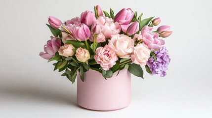 Obraz premium Mixed floral arrangement featuring pink tulips, roses, and peonies in a pastel pink pot, on a neutral background.