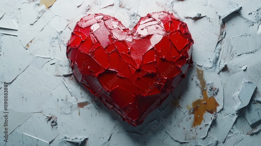 Poster vibrant red heart made of shattered pieces on textured surface creating a unique artistic expression