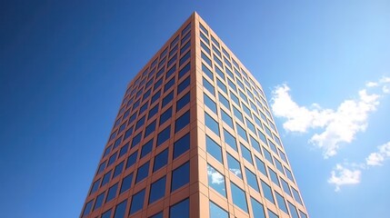 Modern Orange Glass Office Building Corner Against Blue Sky with Clouds