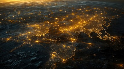 Fototapeta premium A world map illuminated with golden lights