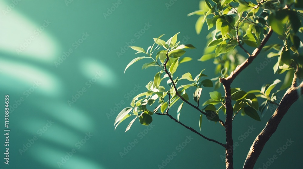 Aufkleber sunlight filtering through leaves on a branch against green background