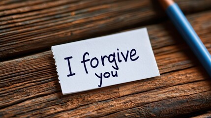 Handwritten Note Saying I Forgive You on Rustic Wooden Background