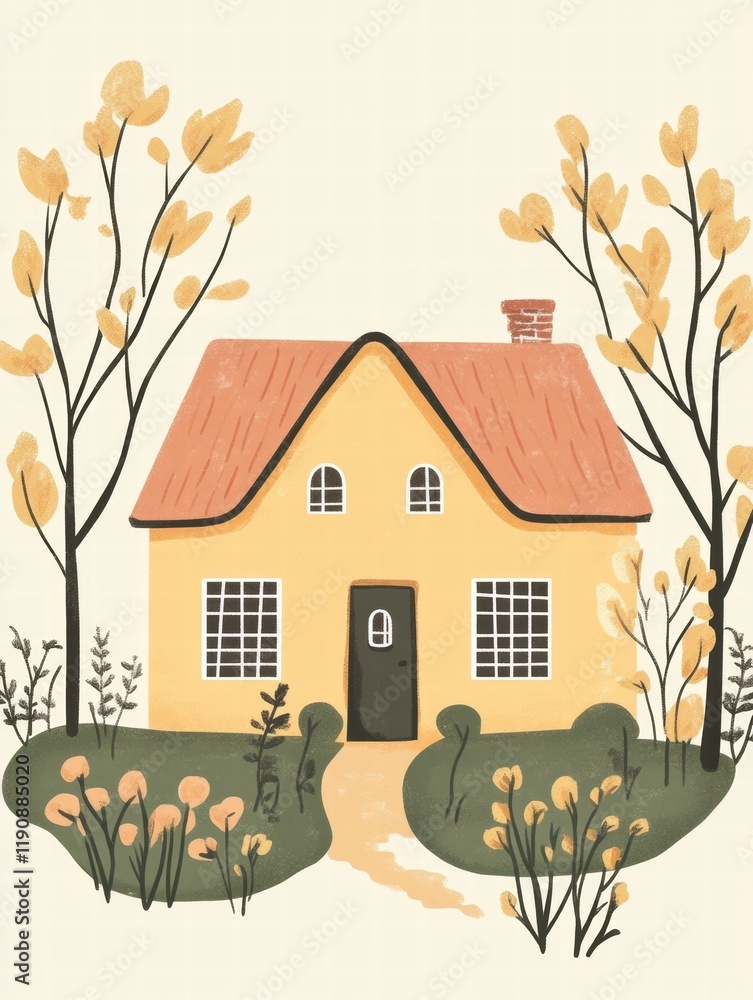 Poster cozy house with a warm garden surrounded by autumn trees creating a peaceful atmosphere near sunset.