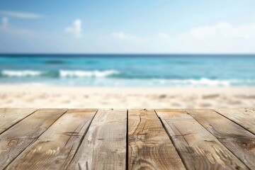 Fototapeta premium Wood table top with beach background for product display.