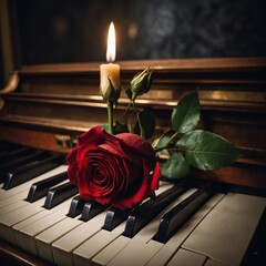 A single rose resting on a piano during a romantic candlelit dinner.