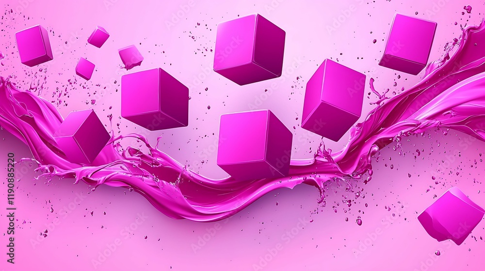 Aufkleber vibrant pink cubes float above a splash of pink liquid, creating a playful and dynamic visual effect