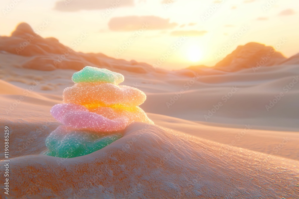 Wall mural a colorful stack of translucent stones glimmers in a sandy landscape during sunset, creating a seren