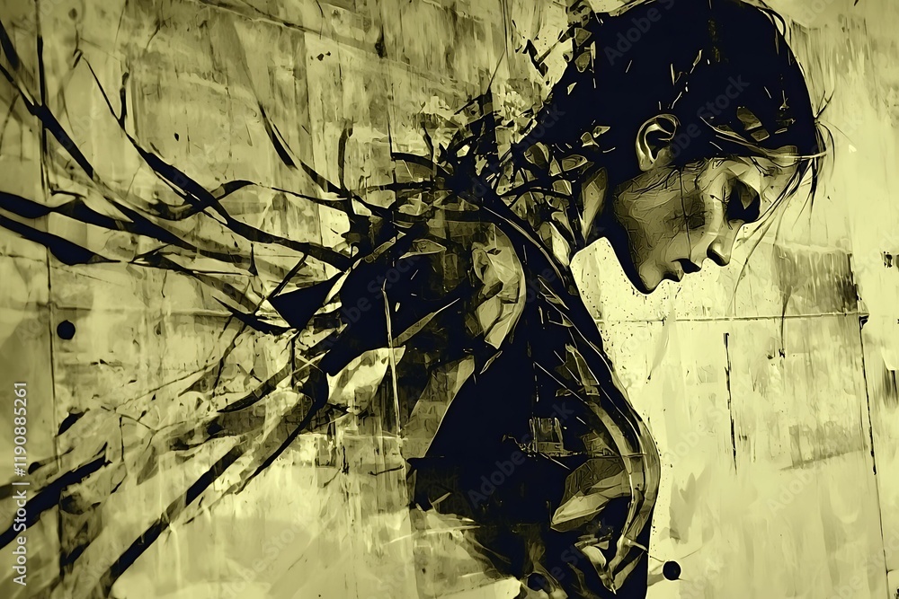 Poster a stylized portrait of a woman, blending abstract elements and dynamic strokes, conveying emotion an