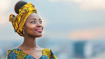 A smiling woman in vibrant African attire gazes thoughtfully into the distance, showcasing cultural pride and beauty against a scenic backdrop.