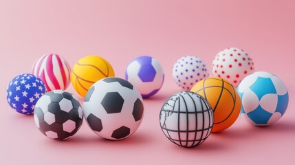 Set of multi-colored sports balls, including football and basketball, against a clean, bright background for a bold visual.