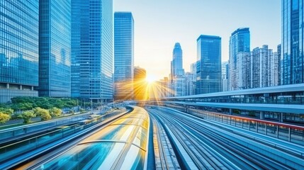 Fototapeta premium City sunrise, train speeds through modern cityscape
