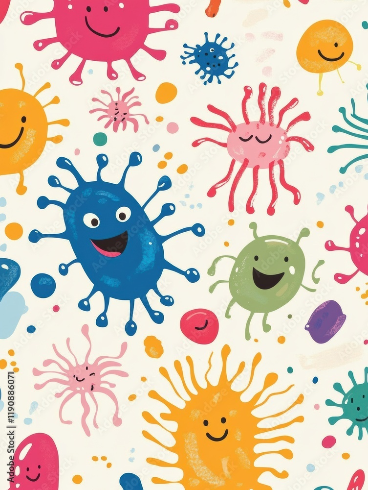 Fototapete smiling cartoon microbes with vibrant colors create a cheerful microscopic world filled with joy and