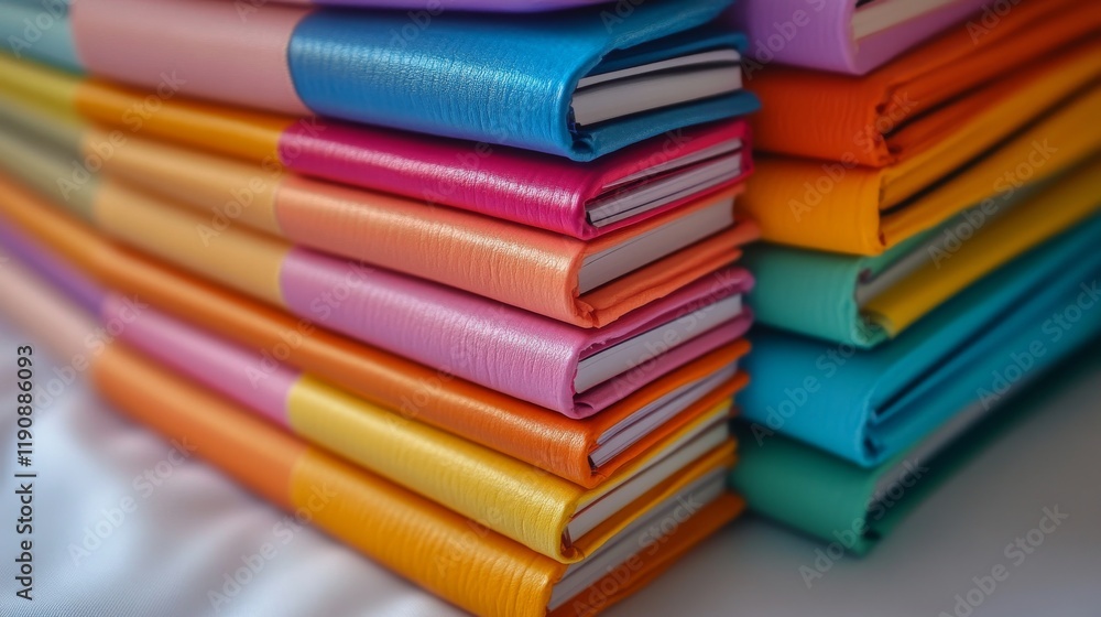 Poster brightly colored notebooks stacked in a balanced arrangement on a plain surface