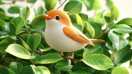 Adorable Cartoon Bird Perched on Lush Green Leaves Springtime Nature Scene Digital Illustration