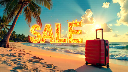 Obraz premium Fiery burning sign word SALE And red suitcase on seashore with tropical palm trees in light of sun, ocean sunset background. Hot summer sale and discounts, burning tour banner, flyer.