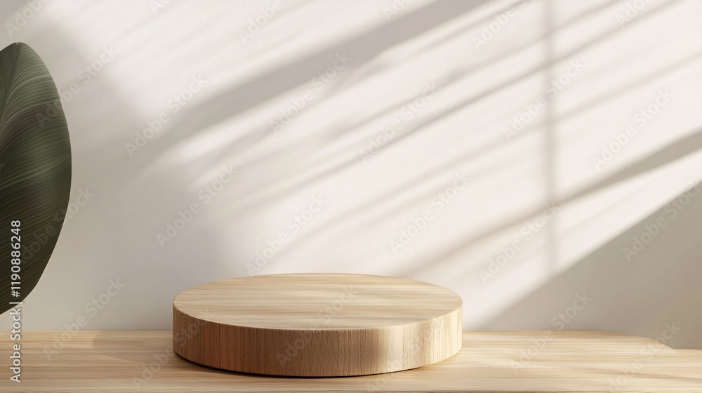 Poster Empty wooden podium on table illuminating by window light for product placement