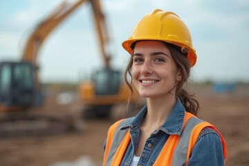 Young female construction worker smiling on site with heavy machinery in background