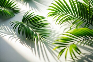 Miniature Tropical Palm Leaves Shadows on White, Tilt-Shift Photography Stock Photo