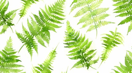 Naklejka premium A watercolor pattern featuring various green ferns on a white background, ideal for design projects.