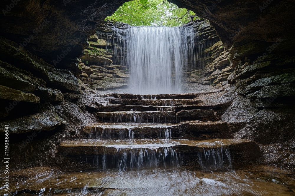 Poster waterfall cascading from cave into misty forest in tranquil natural setting