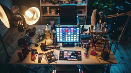 A well-organized makeup station with tools, products, and a computer for beauty applications.