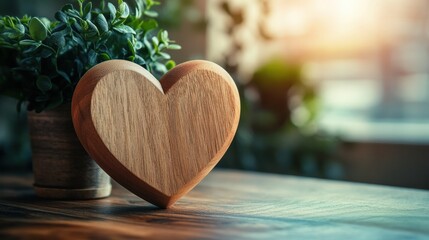 Wooden heart decoration with greenery in the background, warm sunlight casting a soft glow, capturing the essence of love and tranquility in a serene setting