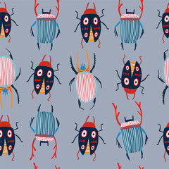 Trendy vector pattern featuring colorful, stylish bugs with unique dotted designs on a pastel background. Perfect for decorative purposes, textiles, wallpapers, and creative projects with an insects