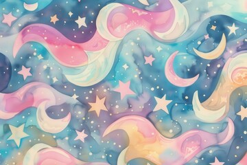 A whimsical cosmic pattern featuring pastel colors, stars, and moons, evoking a dreamy atmosphere.