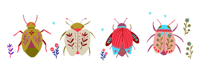 Stylish vector set of bugs, insects, and moths with greenery accents. Perfect for clip art, digital designs, nature-themed projects, or creative backgrounds with a modern botanical vibe. Vector