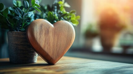 Wooden Heart Decoration with Potted Plant in Cozy Indoor Setting Capturing Warmth and Serenity in Natural Light