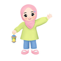 cheerful muslim kid celebrate ramadan watercolor illustration