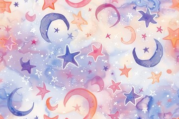A whimsical pattern featuring stars and crescent moons in soft pastel colors.