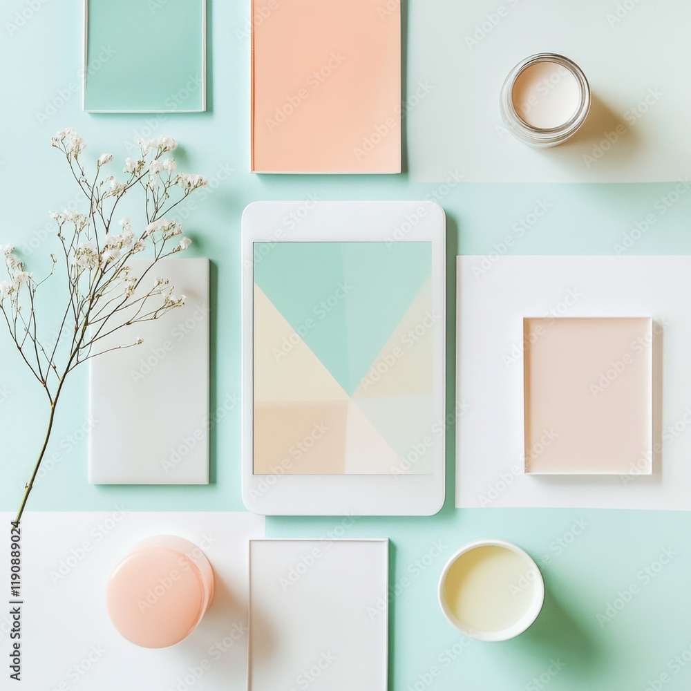 Poster stylized social media layout featuring pastel colors and simple geometric designs on a flat surface.