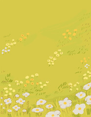 Vertical illustration of a serene field filled with greenery and blooming daisies, perfect for spring postcards, holiday designs, or as a tranquil background. Ideal for nature-themed project. Vector