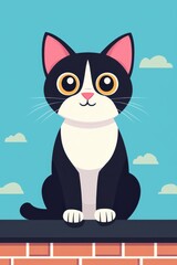 Cute cartoon cat sitting on a brick wall with vibrant blue background and illustrated clouds, perfect for pet lovers