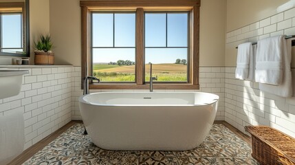 Fototapeta premium Elegant bathroom featuring freestanding tub with scenic countryside view through large windows
