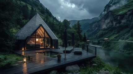 Fototapeta premium Sustainable travel embraces local experiences. It focuses on low impact and explores remote locations. Cozy modern cabin by river in serene mountain landscape