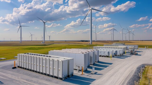 A wind farm with energy storage units in a vast landscape under a blue sky.