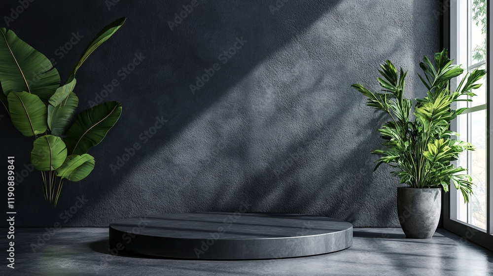 Aufkleber empty black round podium displaying products with plants and window light on dark concrete wall