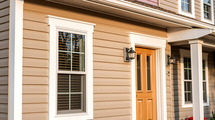 Dream House Exterior: Modern Home Design with Beige Siding, White Trim, and Elegant Wood Door