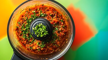 A high angle close up photograph of a food processor full of spicy an argentine meat sauce consisting of chopped parsley isolated on a colorful background