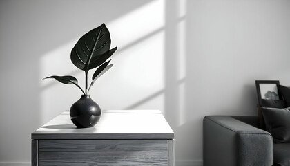 Minimalist concept of living room interior at elegant apartment with wooden commode, leaf in ceramic vase and elegant personal accessories in modern home decor. Copy space. Template