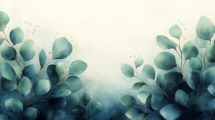 Elegant eucalyptus branches with watercolor leaves and golden highlights. Generative AI
