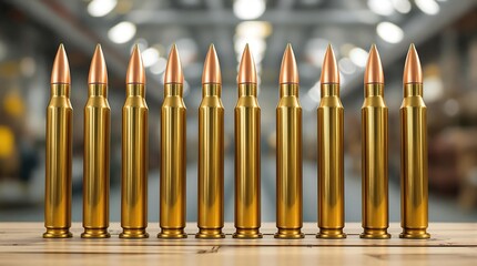 Brass bullet shells of various sizes for military ammunition production and storage in a factory setting