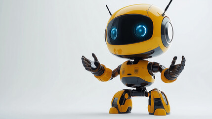 Cute yellow robot holding its hands up on white background