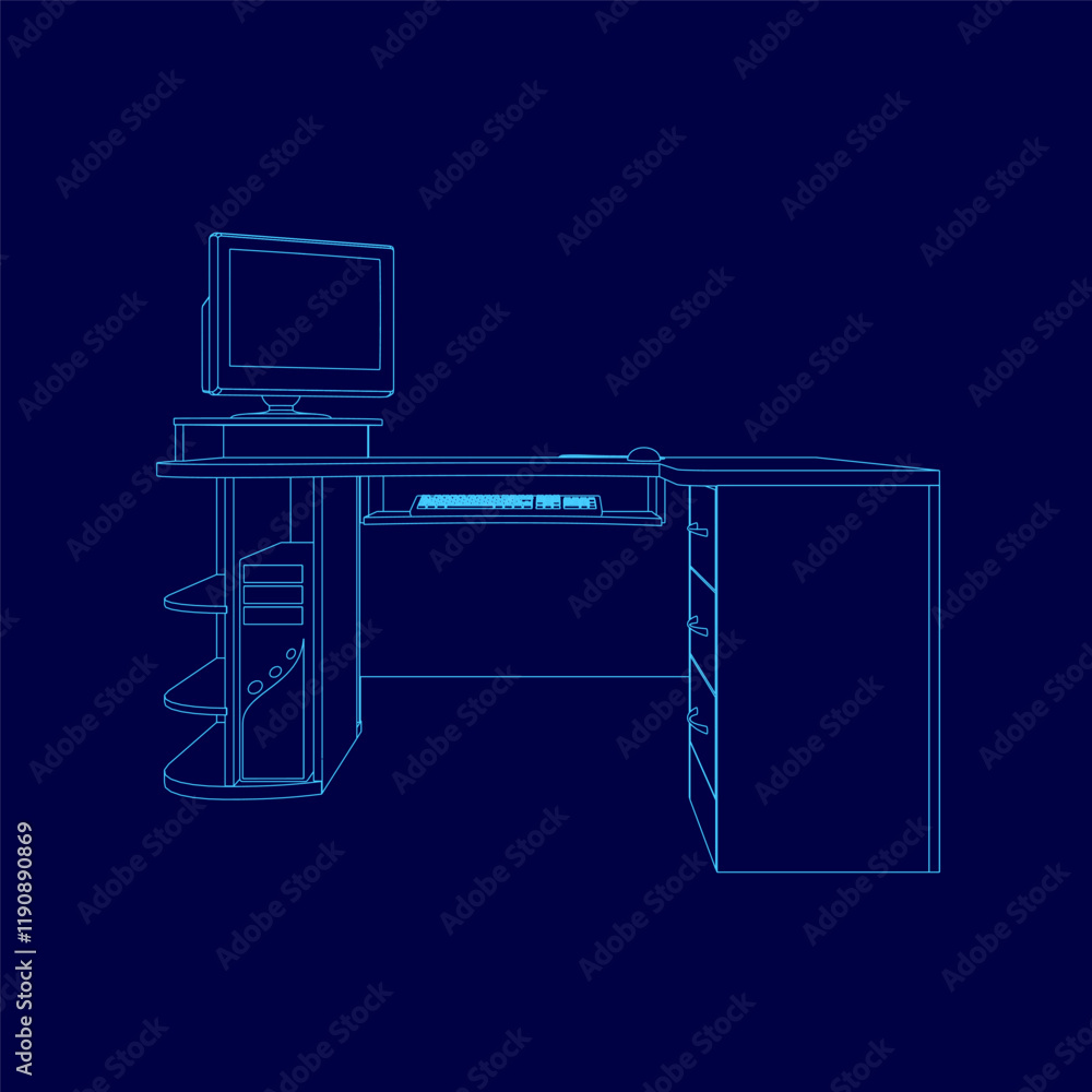 Poster computer desk with a monitor and keyboard. the desk is blue and has a shelf. the desk is designed to