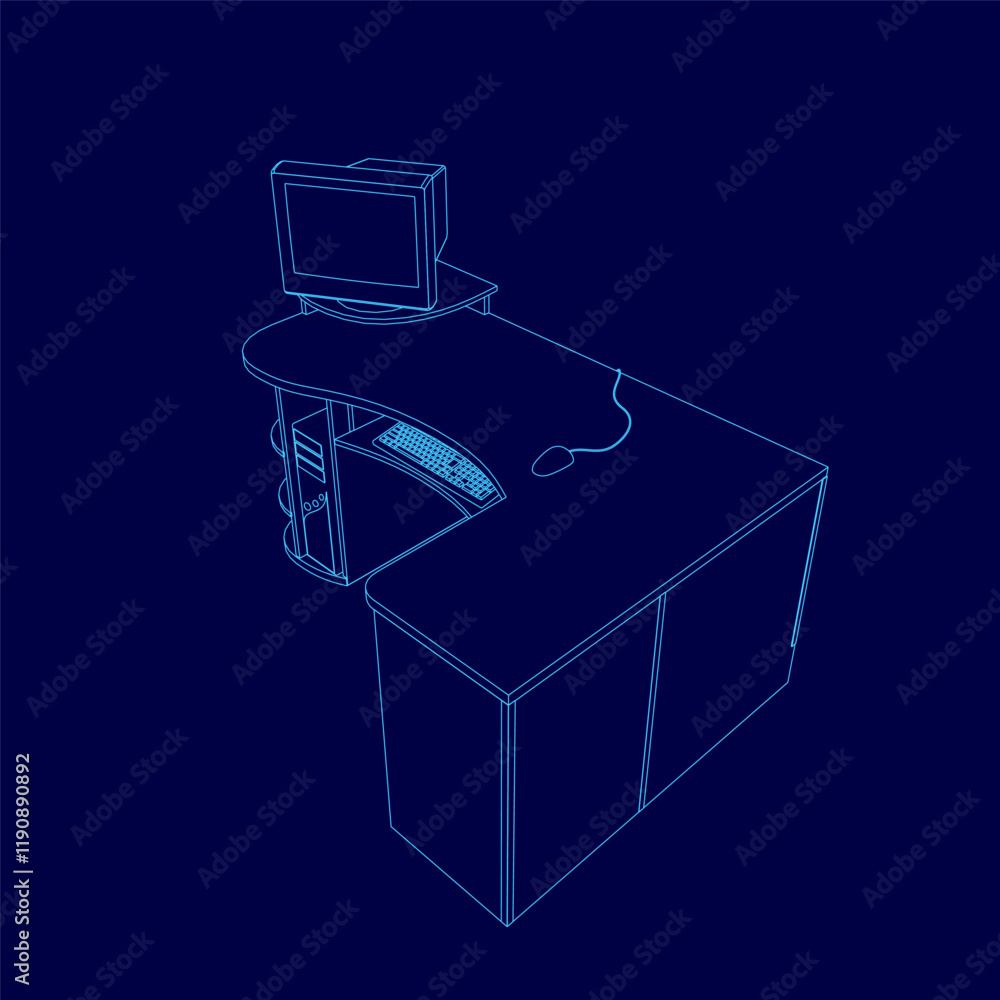 Poster computer desk with a monitor and keyboard on top of it. the desk is blue and has a curved design