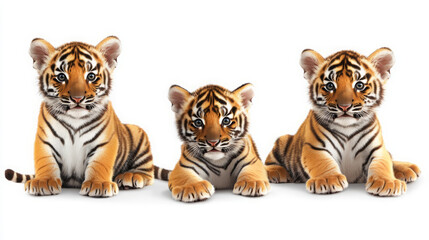 Fototapeta premium adorable three tiger cubs on white background for high-resolution wildlife photography and royalty-free images of playful baby bengal tigers in close-up, perfect for print and website design