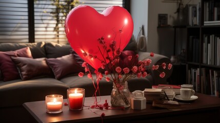 Romantic Setup with Heart-Shaped Balloon, Candles, Flowers, and Cozy Living Room Ambiance for Valentine's Day Celebration