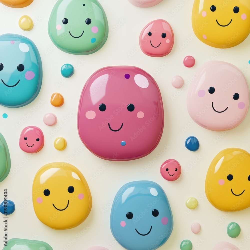 Poster Smiling cartoon microbes create a cheerful and colorful pattern on a light background with various happy faces. Generative AI
